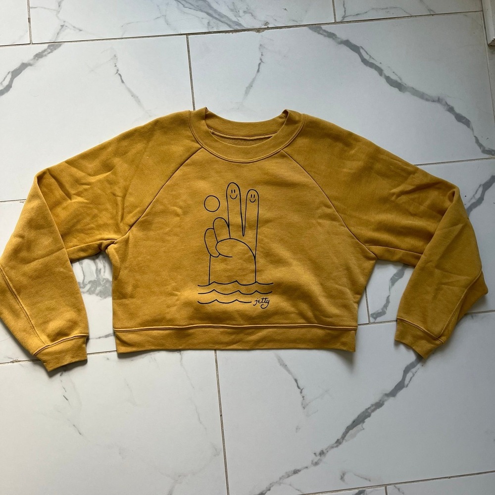 Jetty Deuces Crewneck Cropped sweatshirt mustard yellow sz small - Picture 1 of 4